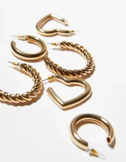 BERSHKA Lot 3 boucles d’eilles anneaux épais cœur Or Sale
