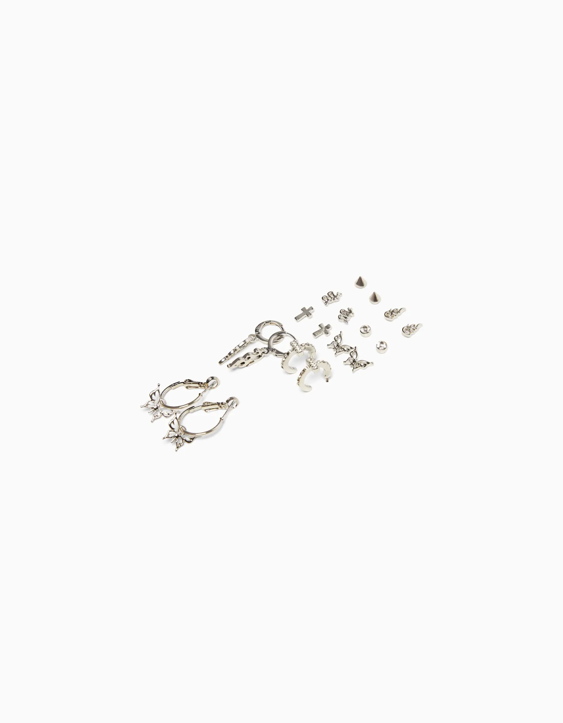 BERSHKA Lot 9 boucles d’oreilles edgy Argent Sale