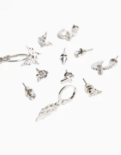 BERSHKA Lot 9 boucles d’oreilles edgy Argent Sale