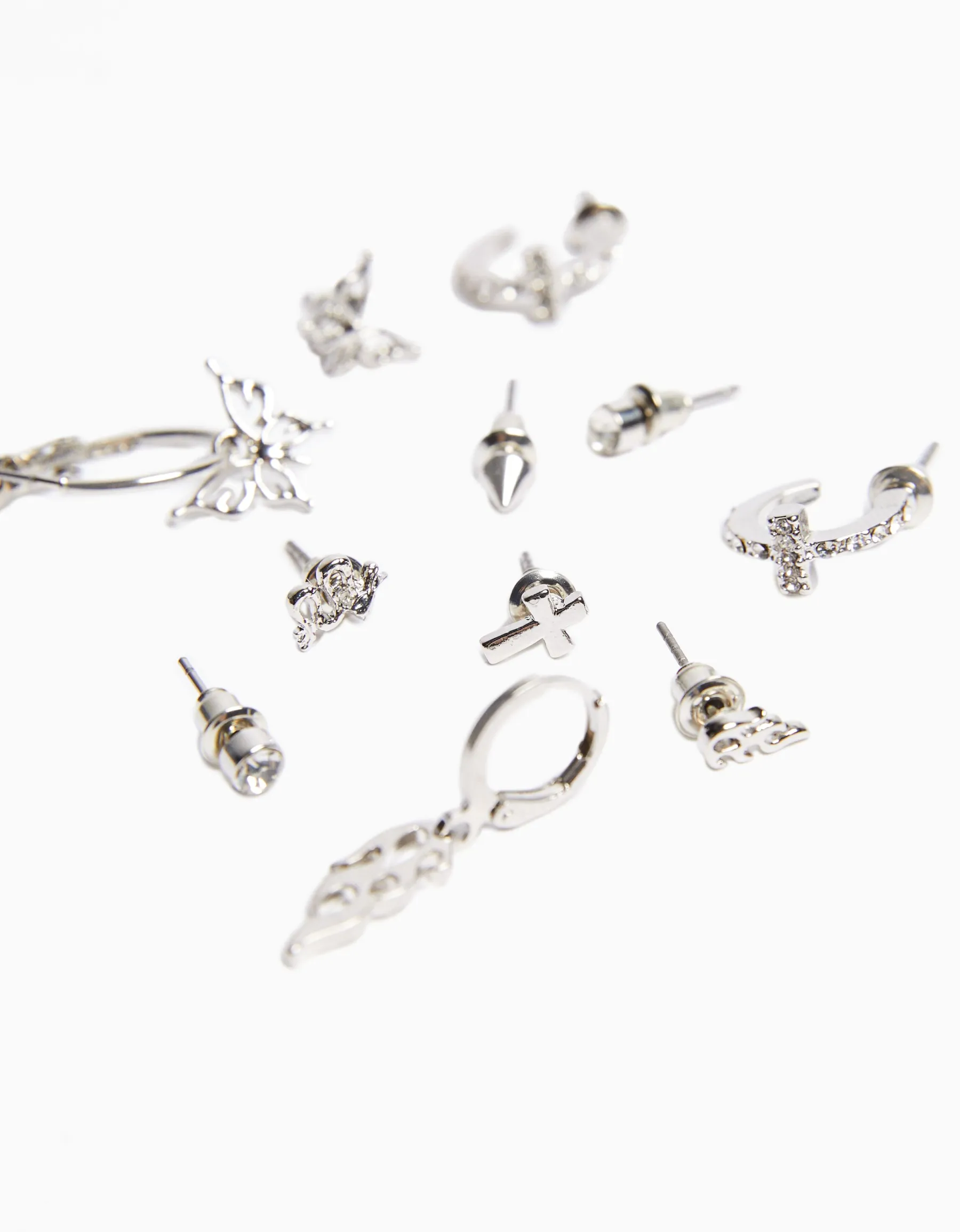 BERSHKA Lot 9 boucles d’oreilles edgy Argent Sale