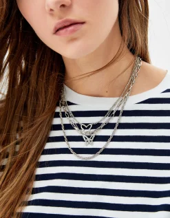 BERSHKA Lot 4 colliers à maillons papillon Argent Sale