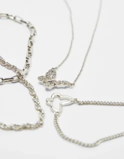 BERSHKA Lot 4 colliers à maillons papillon Argent Sale