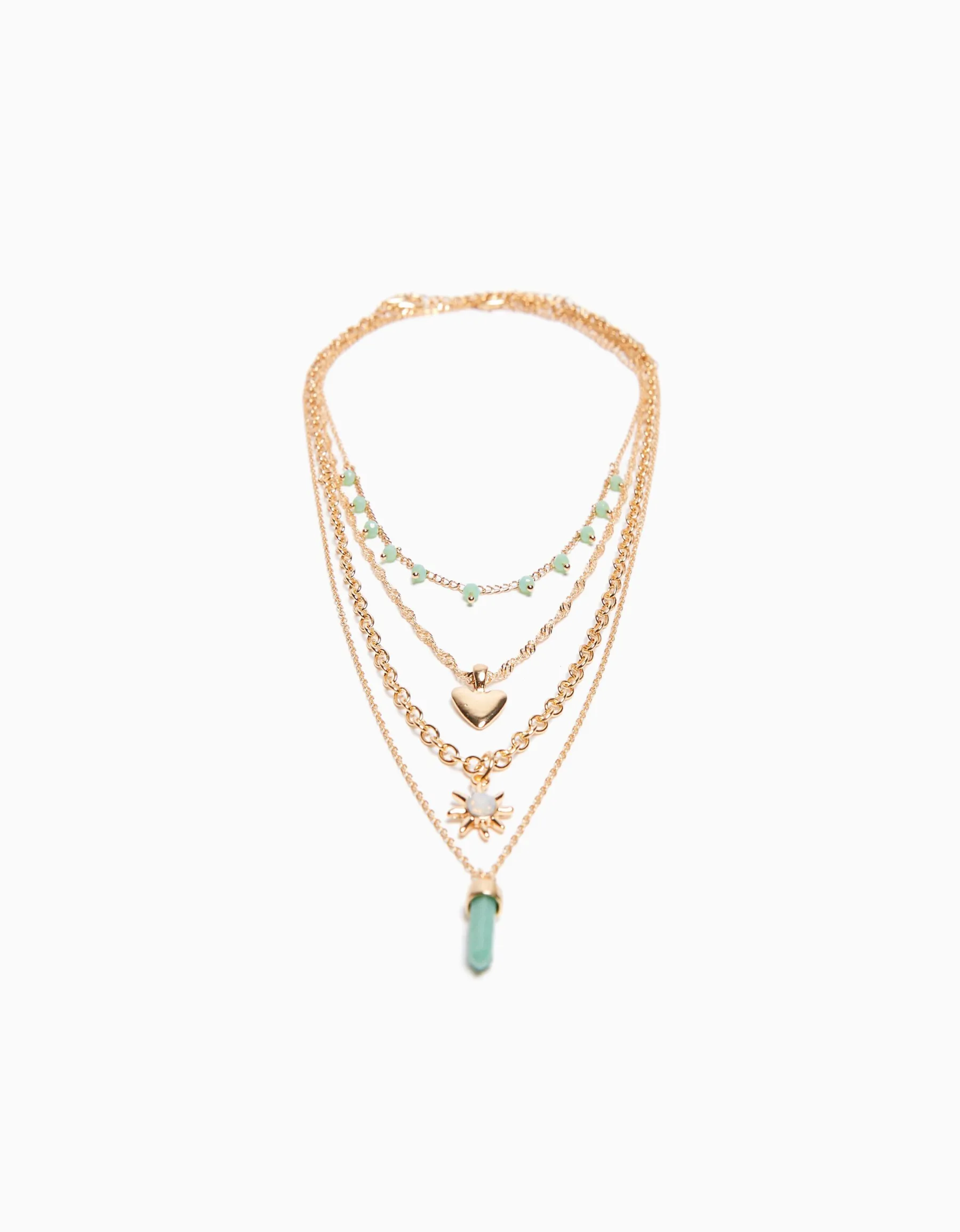 BERSHKA Lot 4 colliers pierres fantaisie Or Hot