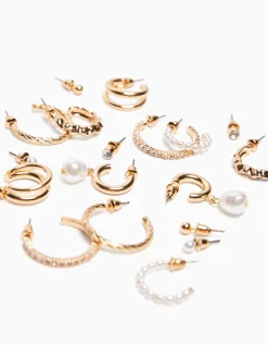 BERSHKA Lot 9 paires de boucles d’eilles anneaux pierres fantaisie Or Sale