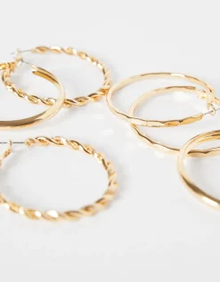 BERSHKA Lot 3 paires de boucles d’eilles créoles fines texturées Or Cheap