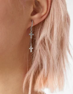 BERSHKA Lot 9 paires de boucles d’oreilles croix Argent Sale