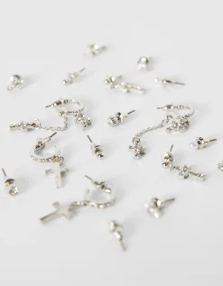 BERSHKA Lot 9 paires de boucles d’oreilles croix Argent Sale
