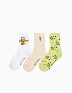 BERSHKA Lot 3 paires de chaussettes brodées Garfield Vert Clearance