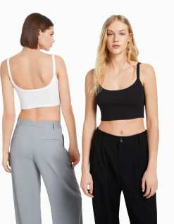 BERSHKA Lot 2 T-shirts cropped bretelles larges Multicouleur Outlet