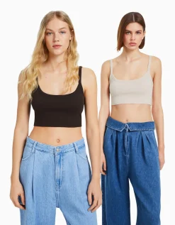 BERSHKA Lot 2 T-shirts cropped bretelles larges Multicouleur New