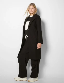 BERSHKA Manteau laine mélangée épaules tombantes Sable Outlet