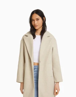 BERSHKA Manteau mélange de laine épaules tombantes Sable Discount