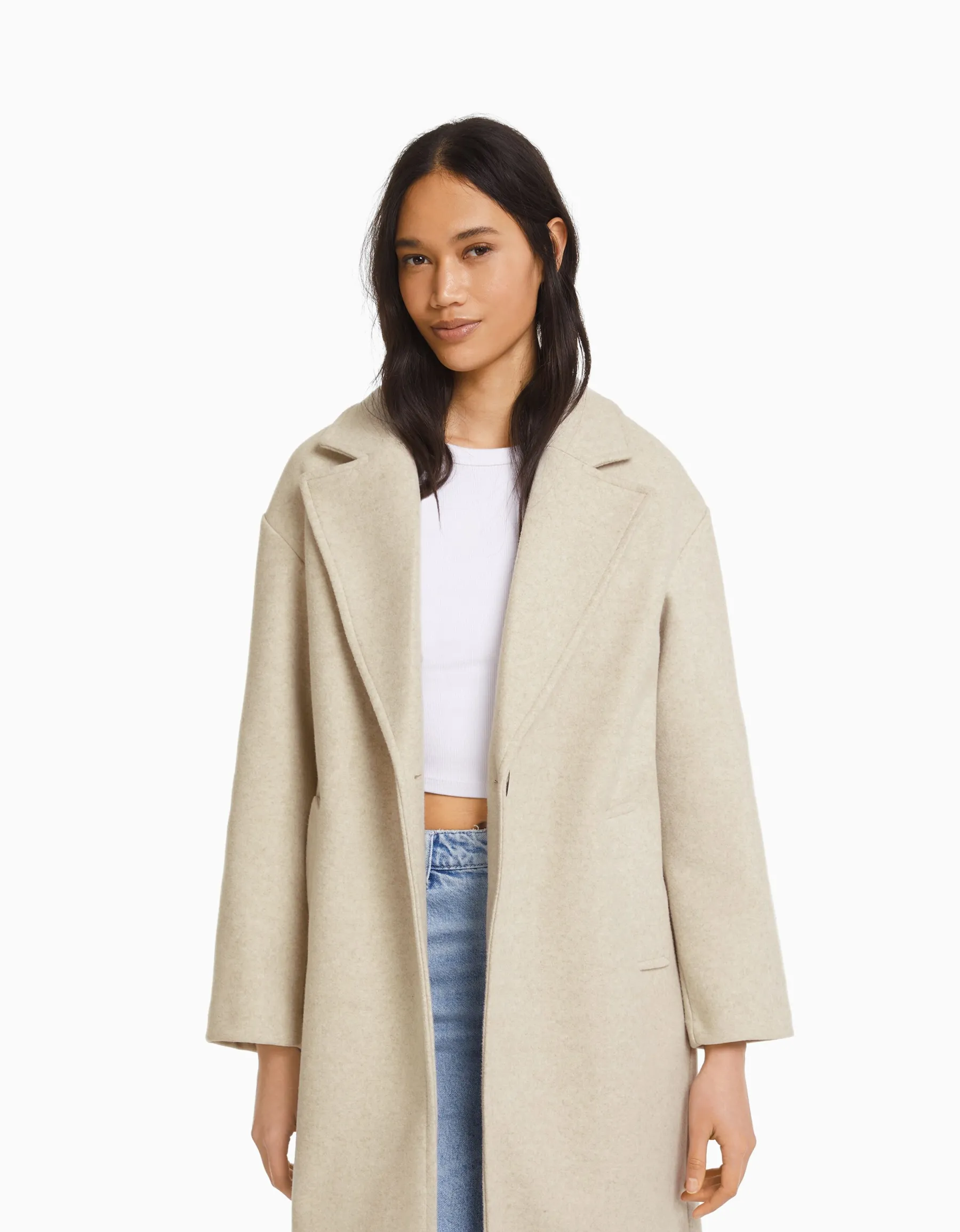 BERSHKA Manteau mélange de laine épaules tombantes Sable Discount