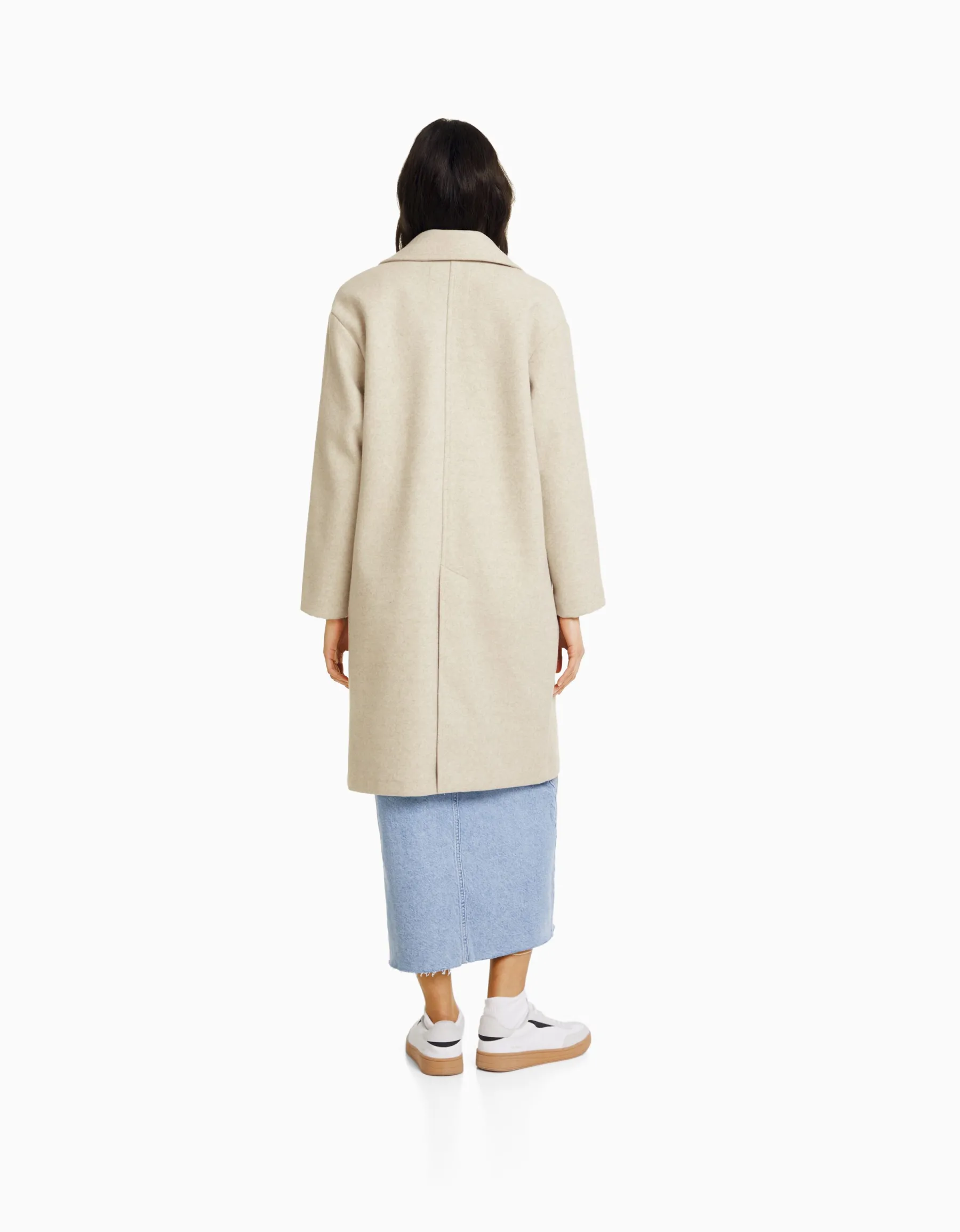 BERSHKA Manteau mélange de laine épaules tombantes Sable Discount