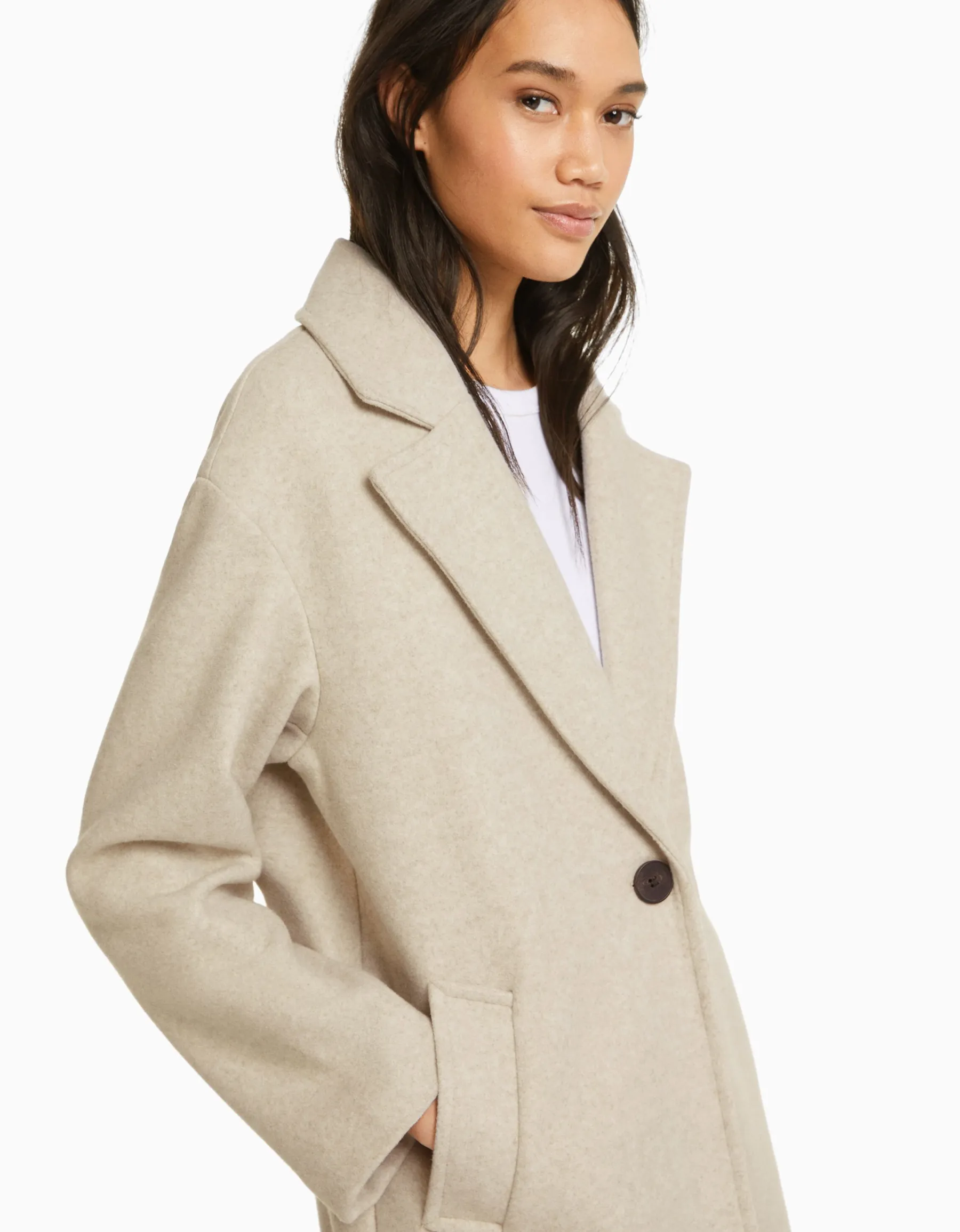 BERSHKA Manteau mélange de laine épaules tombantes Sable Discount