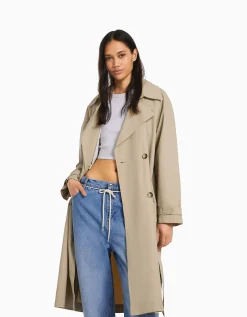 BERSHKA Manteau trench coton Camel Outlet