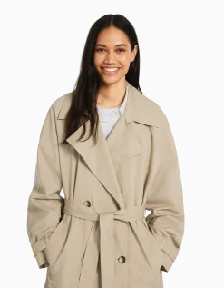 BERSHKA Manteau trench coton Camel Outlet
