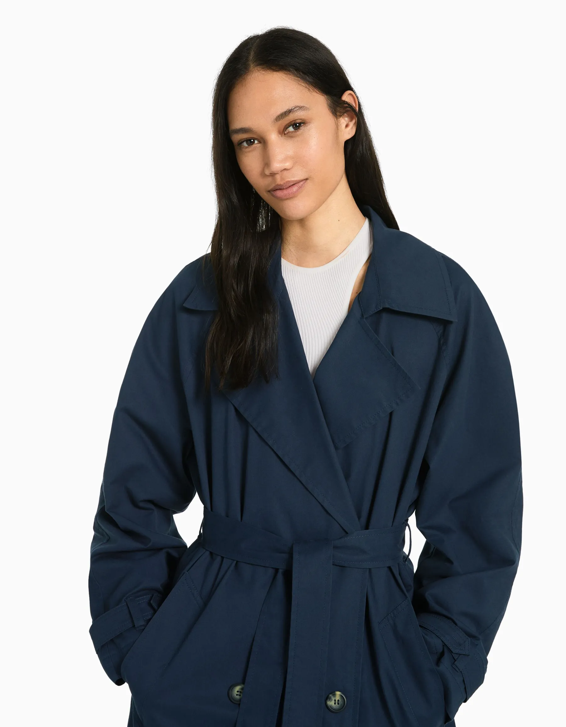 BERSHKA Manteau trench coton Camel Fashion