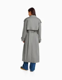 BERSHKA Manteau trench coton Gris Discount