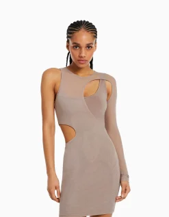 BERSHKA Mini-robe asymétrique tulle manches longues Gris Fashion