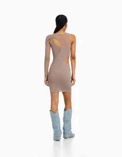 BERSHKA Mini-robe asymétrique tulle manches longues Gris Fashion