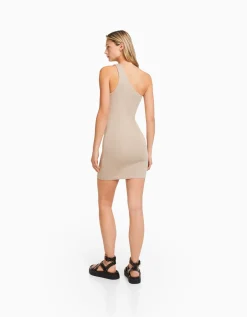 BERSHKA Mini-robe bretelle asymétrique Beige Clearance