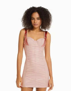 BERSHKA Mini-robe bretelles satinées similicuir Rose Cheap