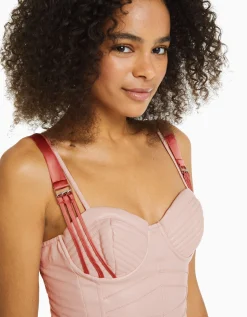 BERSHKA Mini-robe bretelles satinées similicuir Rose Cheap