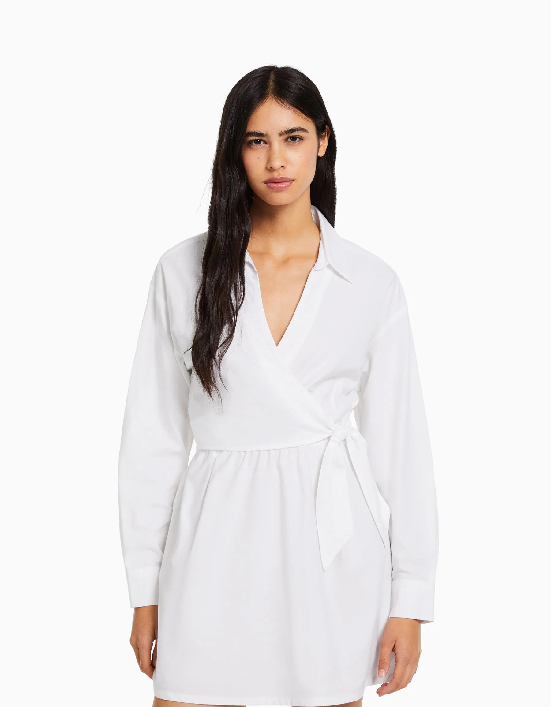 BERSHKA Mini-robe chemise manches longues cache-cœur Blanc New