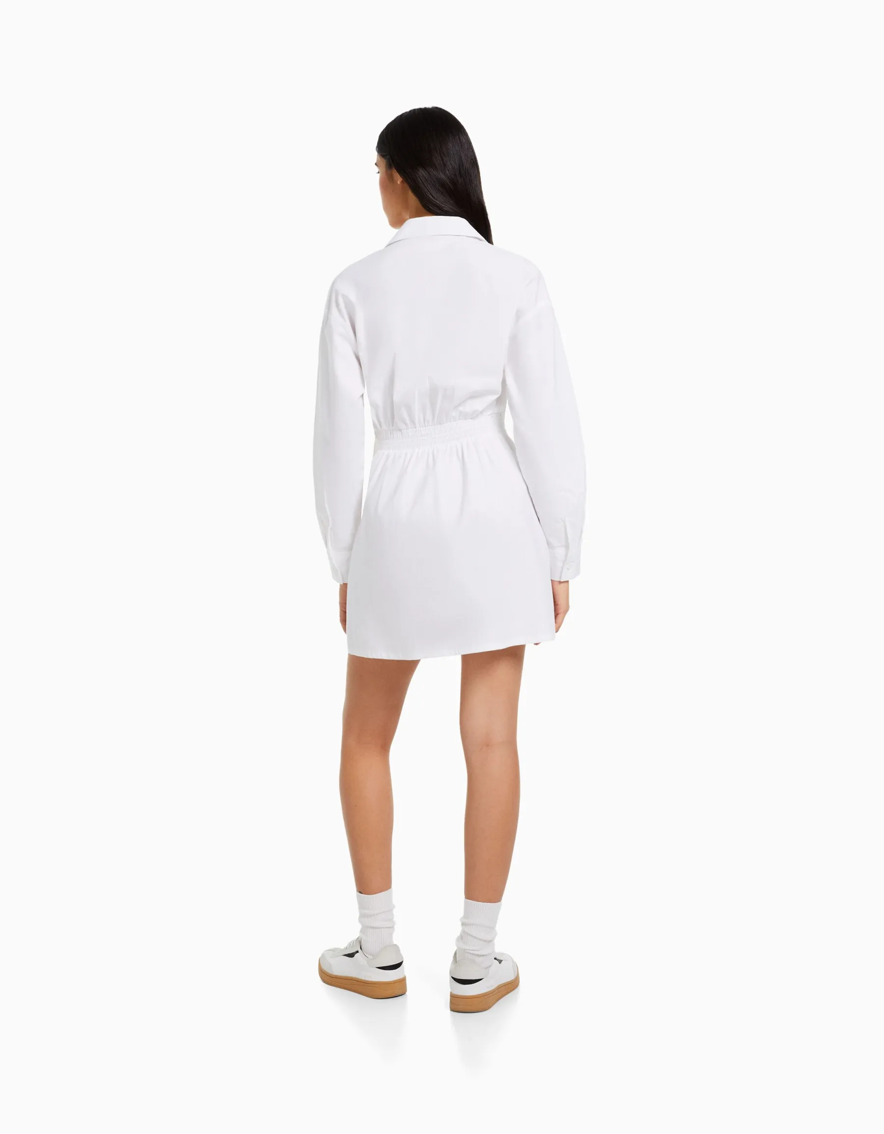 BERSHKA Mini-robe chemise manches longues cache-cœur Blanc New