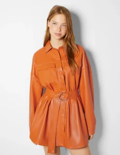 BERSHKA Mini-robe chemise manches longues ceinture similicuir Noir Hot