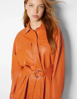 BERSHKA Mini-robe chemise manches longues ceinture similicuir Noir Hot