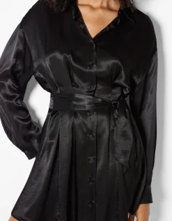 BERSHKA Mini-robe chemise satinée pinces ceinture Noir New