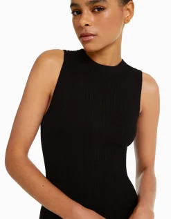 BERSHKA Mini-robe maille bord-côte Écru Clearance