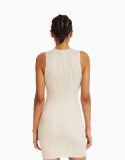 BERSHKA Mini-robe maille bord-côte Écru Sale