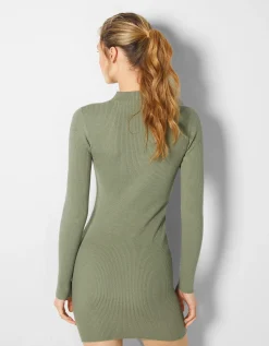 BERSHKA Mini-robe maille côtelée col montant Noir Fashion
