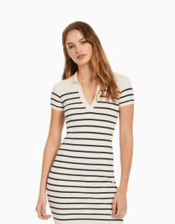 BERSHKA Mini-robe manches courtes col polo Sable Fashion