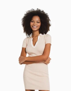 BERSHKA Mini-robe manches courtes col polo Sable Clearance