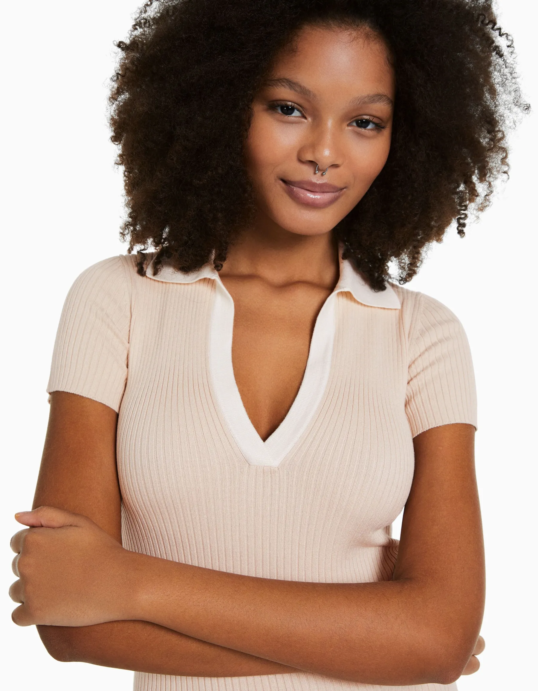 BERSHKA Mini-robe manches courtes col polo Sable Clearance