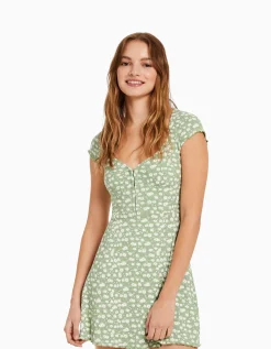 BERSHKA Mini-robe manches courtes décolleté imprimé Vert Cheap