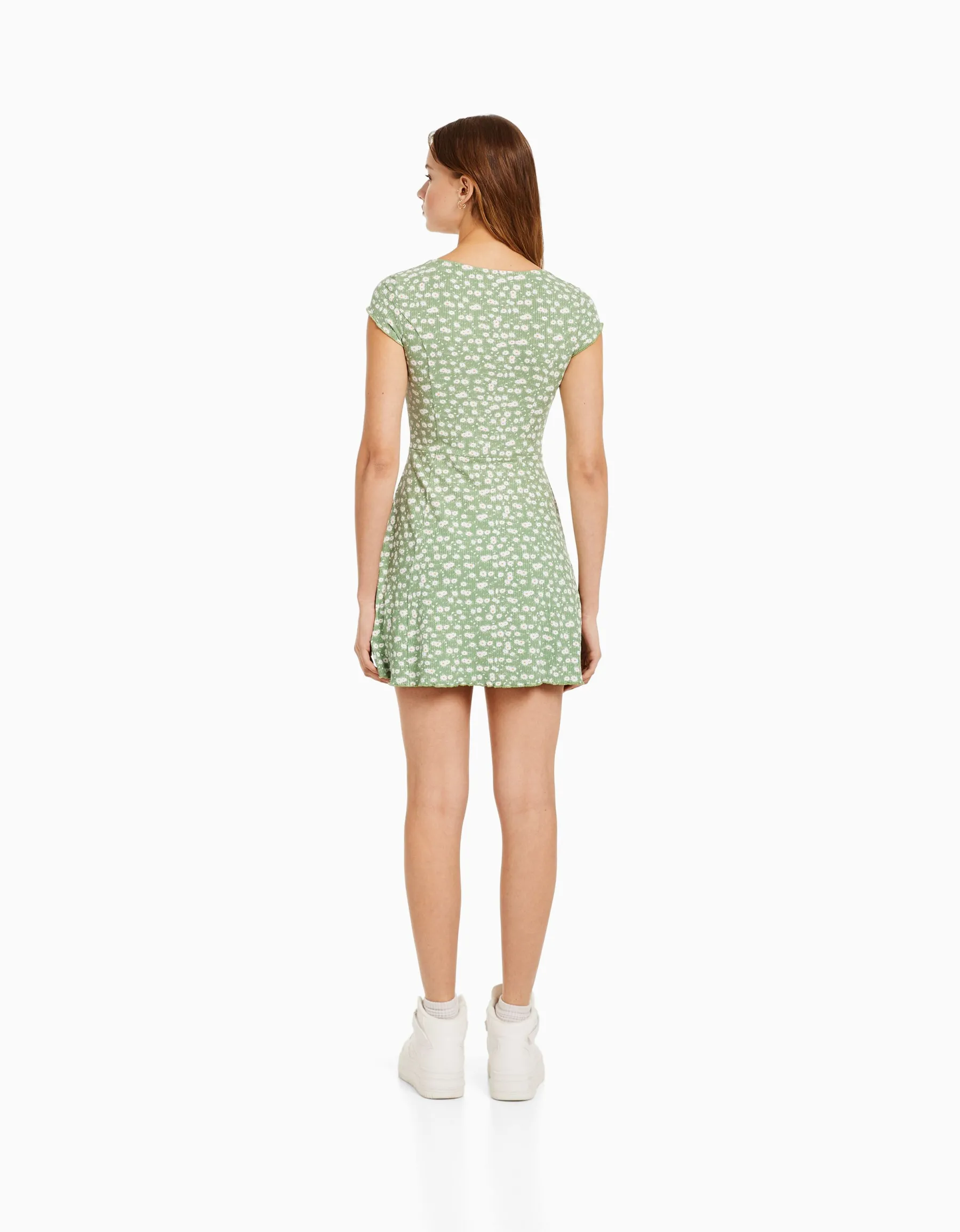 BERSHKA Mini-robe manches courtes décolleté imprimé Vert Cheap