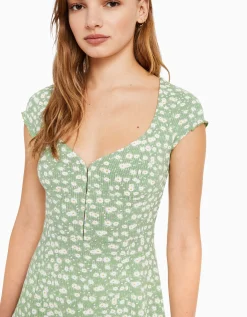 BERSHKA Mini-robe manches courtes décolleté imprimé Vert Cheap