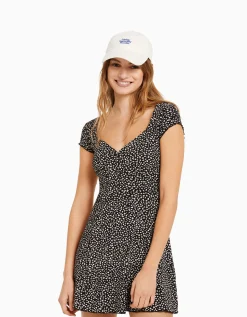BERSHKA Mini-robe manches courtes décolleté imprimé Vert Best