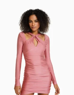BERSHKA Mini-robe manches longues lanières croisées Rose Best