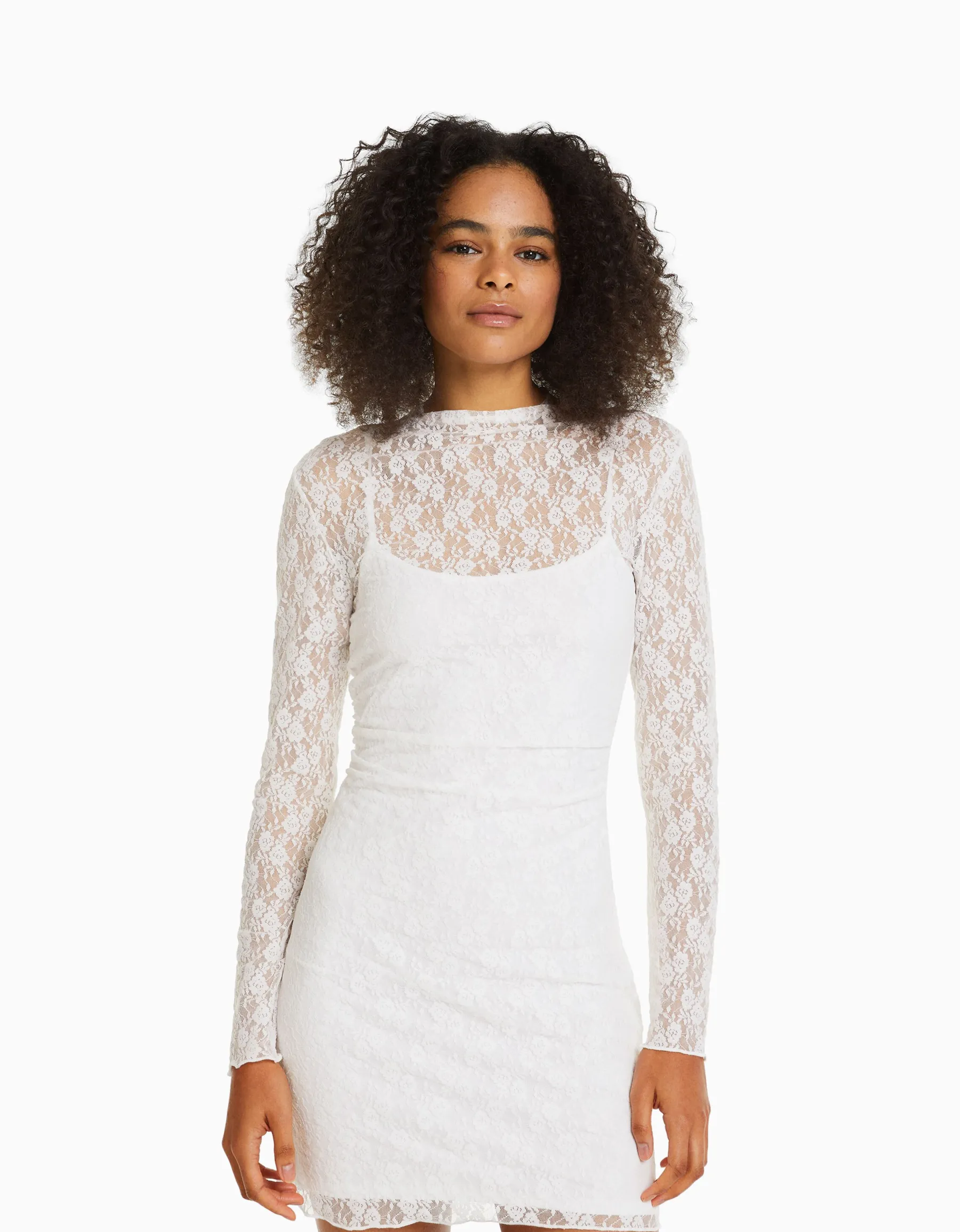 BERSHKA Mini-robe manches longues en dentelle détail encolure Écru Flash Sale
