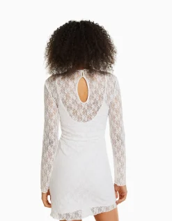BERSHKA Mini-robe manches longues en dentelle détail encolure Écru Flash Sale
