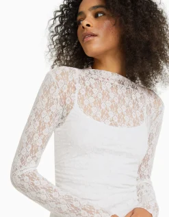BERSHKA Mini-robe manches longues en dentelle détail encolure Écru Flash Sale