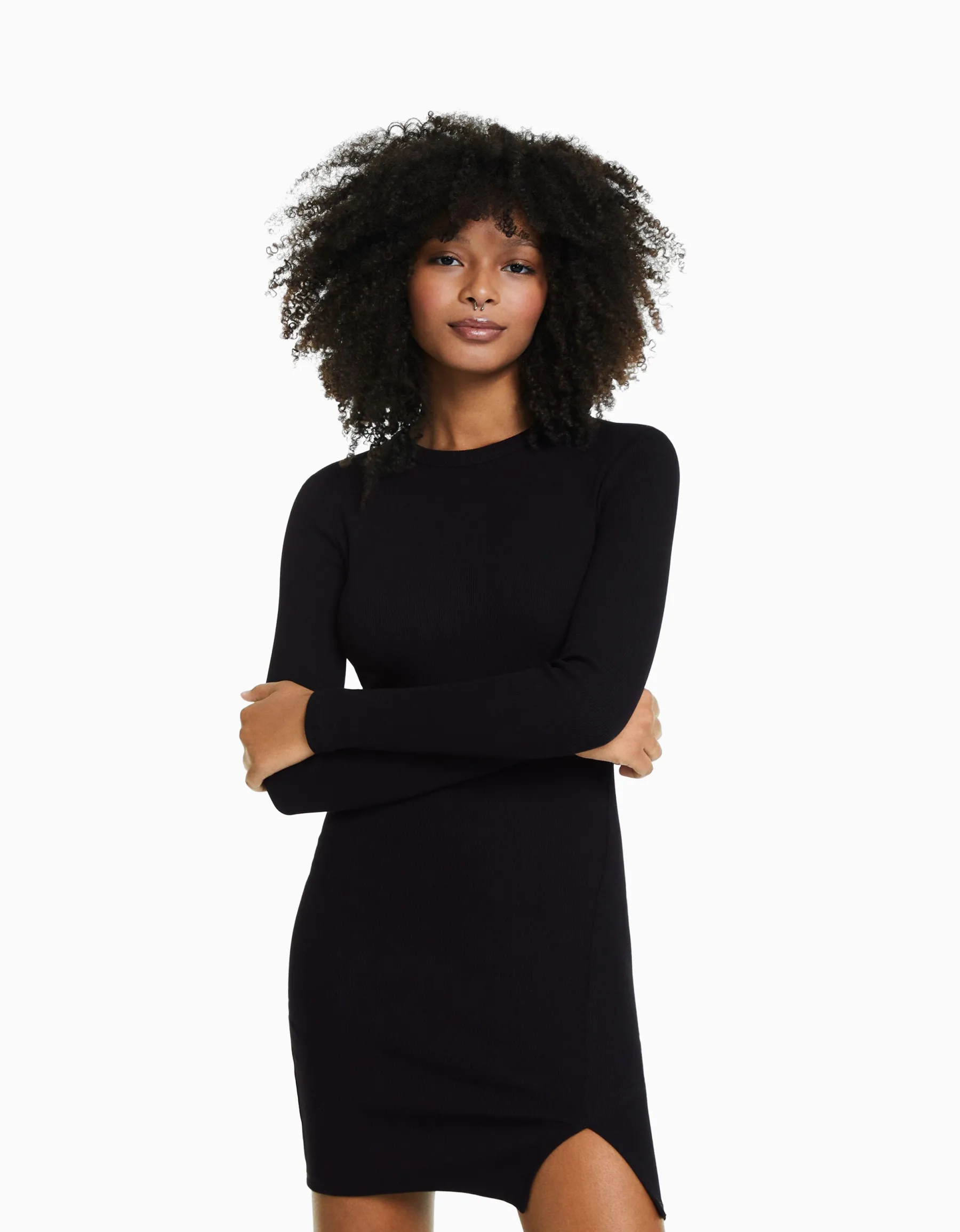 BERSHKA Mini-robe manches longues bord-côte Blanc cassé Store