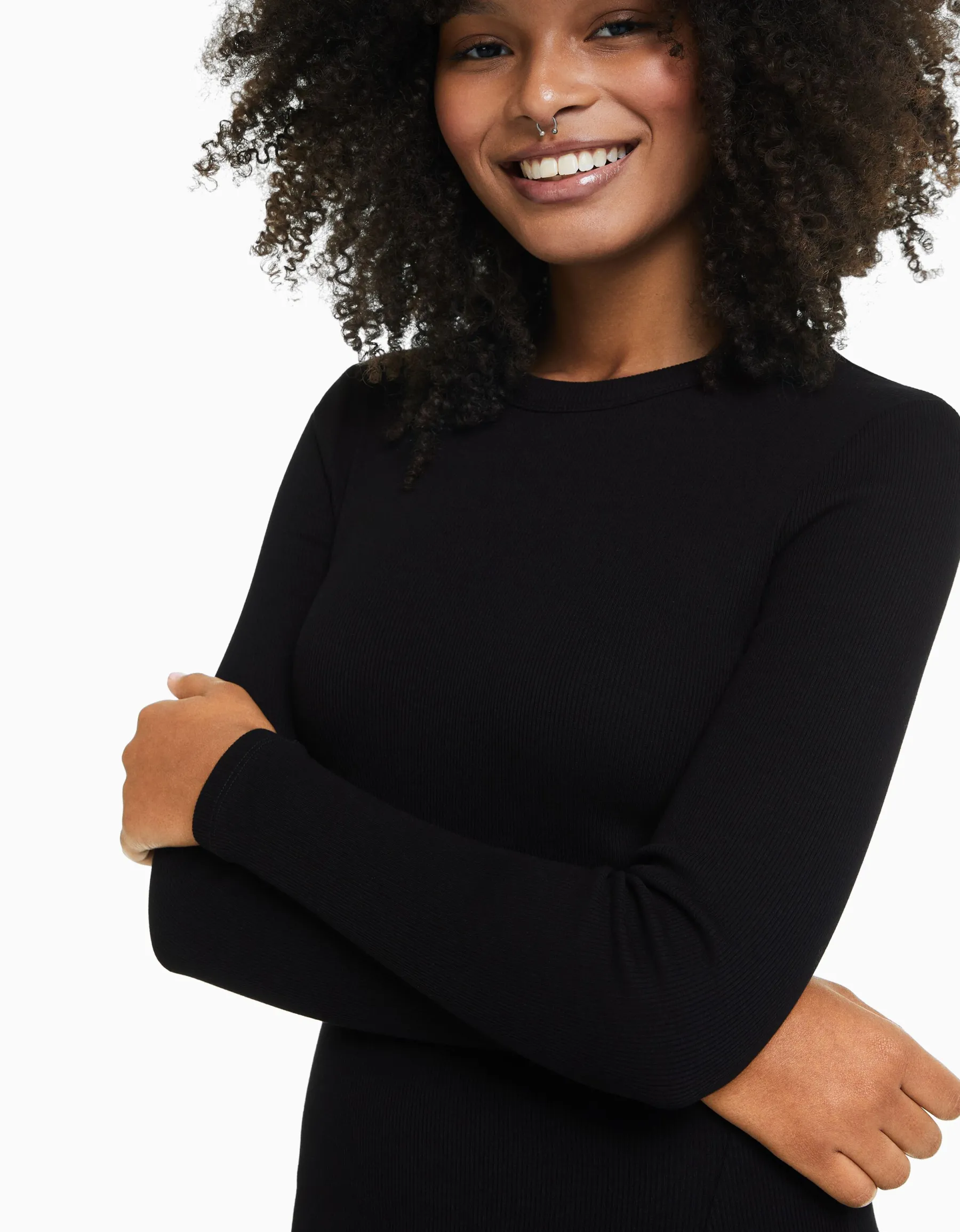 BERSHKA Mini-robe manches longues bord-côte Blanc cassé Store