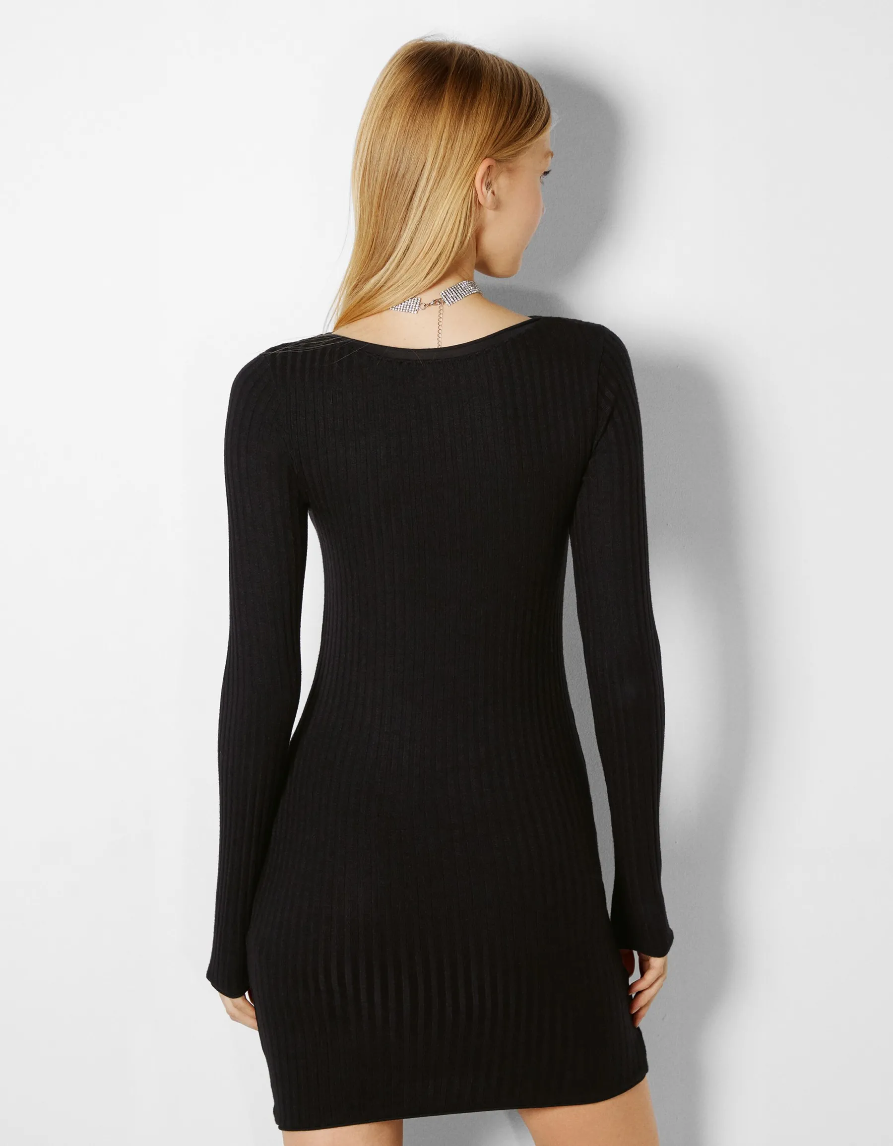 BERSHKA Mini-robe manches longues bord-côte Gris Flash Sale